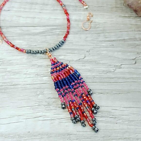 Boho Chic Beaded Fringe Cascade Choker Necklace, Artisan Statement 14.5" - Picture 3 of 7